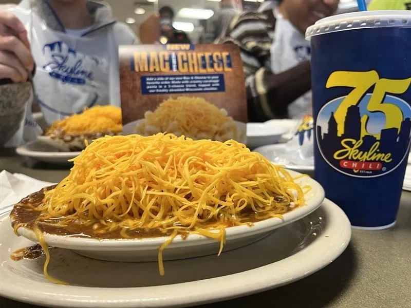 Skyline Chili signature dishes 3-Way (spaghetti, chili, cheese), 4-Way (beans or onions added), 5-Way (beans and onions added), Cheese Coney (hot dog, chili, mustard, onions, cheese).﻿﻿﻿﻿﻿﻿